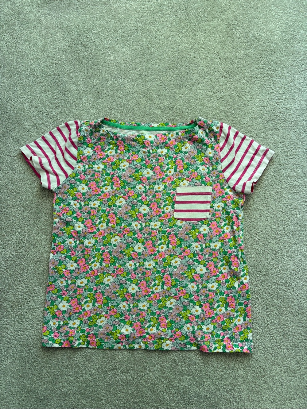 Mini Boden Green Floral Tee with Pink Striped Sleeves